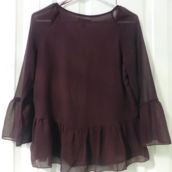 LE CHATEAU burgundy semi-sheer ruffle chiffon v-neck 3/4 sleeve blouse - Picture 7 of 9
